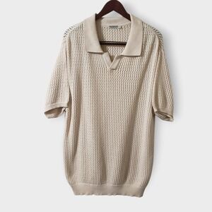 Knickerbocker Yuma Open Knit Jacquard Cotton Polo Shirt Bone Mens XL